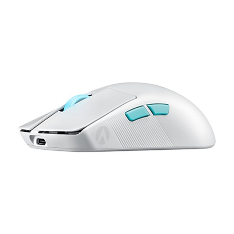 Souris de jeu blanche avec des accents turquoise, des boutons latéraux et une molette de défilement.