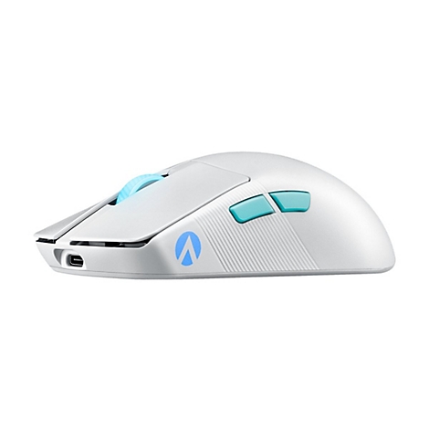 Souris de jeu blanche sans fil avec des accents bleus. Molette de défilement et boutons latéraux bleus. Logo sur le côté.