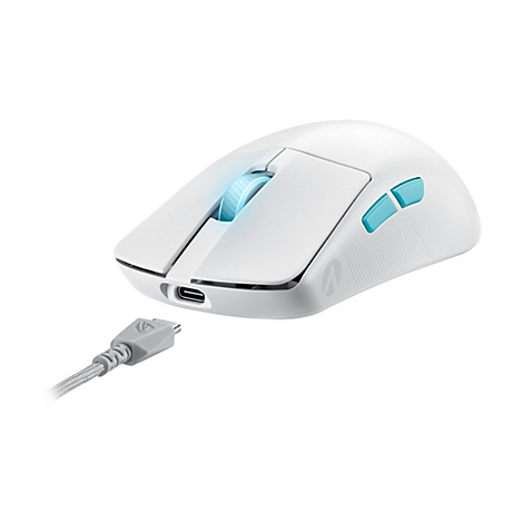 WeiÃŸe Gaming-Maus mit blauen Akzenten und Ladekabel. Die Maus zeigt Scrollrad und Seitentasten.