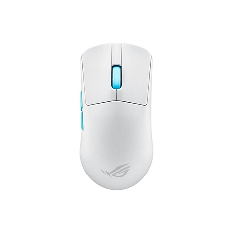 Weisse Gaming-Maus mit blauen Akzenten und Logo unten. Mausrad und Seitentasten sind blau.
