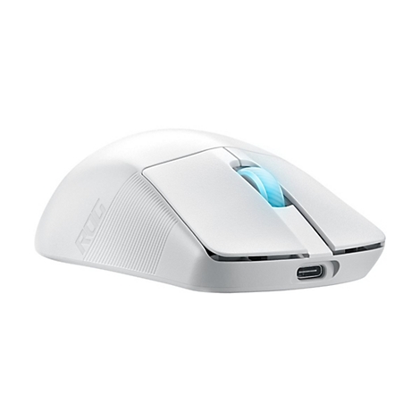 Eine weiÃŸe Maus mit blauem Mausrad. Die Maus hat das ROG-Logo.