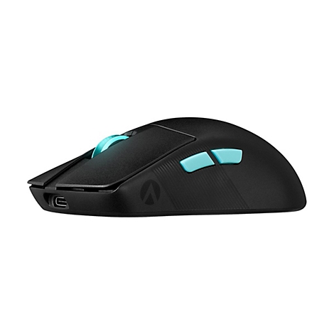 Schwarze Gaming-Maus, hellblaue Akzente an Knöpfen und Scrollrad.