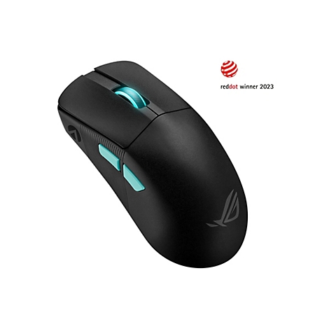 Schwarze Gaming-Maus mit blau leuchtendem Scrollrad und Seitentasten. Auf der Maus ist das ROG-Logo abgebildet. Auszeichnung "reddot winner 2023".