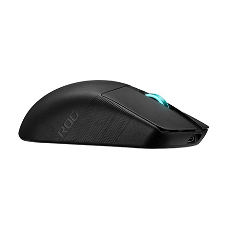 Schwarze Gaming-Maus mit ROG-Logo. Leuchtendes Mausrad in Blau. Auf weißem Hintergrund.