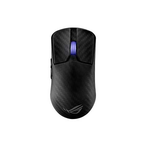 Drahtlose schwarze Gaming-Maus mit Kohlefaser-Textur und blau beleuchtetem Scrollrad.