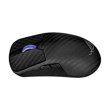 Schwarze Gaming-Maus mit Carbonfaser-Muster. Sichtbar sind: Scrollrad, Seitentasten und das ROG-Logo.