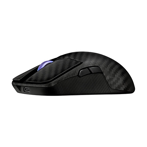 Schwarze Gaming-Maus mit Carbonfaser-Optik, Scrollrad mit blauer Beleuchtung und zwei Zusatztasten.
