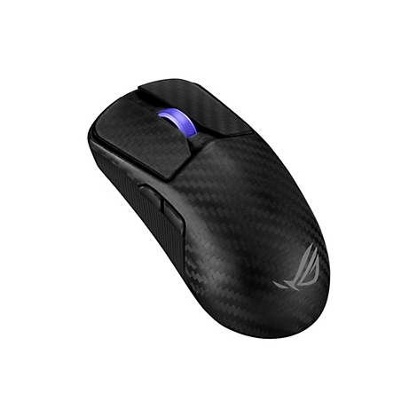 Schwarze Gaming-Maus mit Karbonfaser-Optik, beleuchtetem Scrollrad und ROG-Logo. Auf weißem Hintergrund.