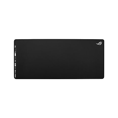 Schwarzes Mauspad mit ROG-Logo und kleiner Schrift.