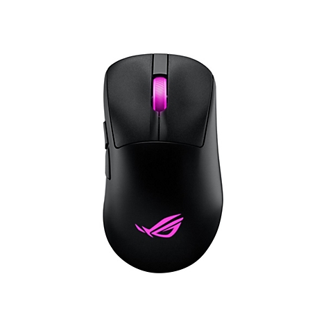 Schwarze Gaming-Maus mit pinkfarbener Beleuchtung und ROG-Logo. Auf weißem Hintergrund.