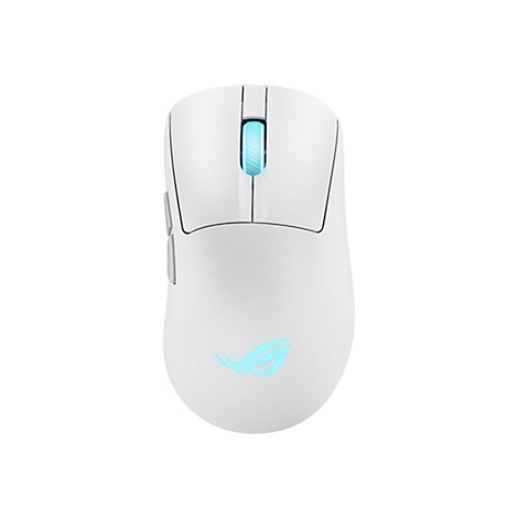 Weiße Gaming-Maus mit blau beleuchtetem Scrollrad und Logo. Auf weißem Hintergrund.