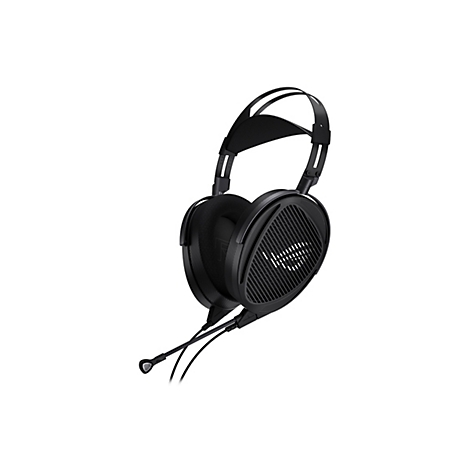Schwarzes ROG Gaming-Headset mit offenem Design, Bügelmikrofon und beleuchtetem Logo auf der Ohrmuschel.
