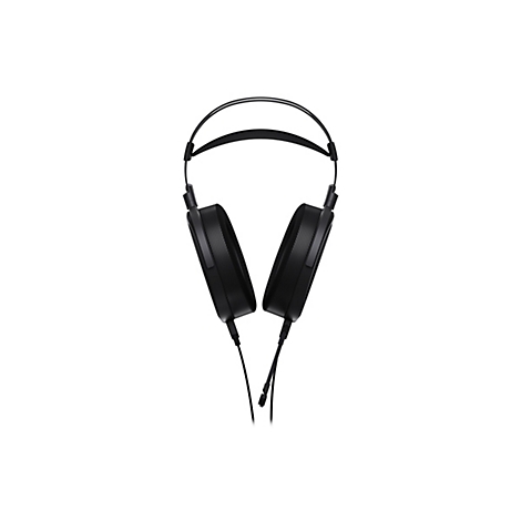 Schwarzes Gaming-Headset mit Kopfbügel und Mikrofon vor weißem Hintergrund.