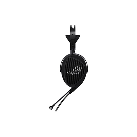Schwarzes ROG Gaming-Headset in Seitenansicht vor weißem Hintergrund mit markantem Gitter-Design.