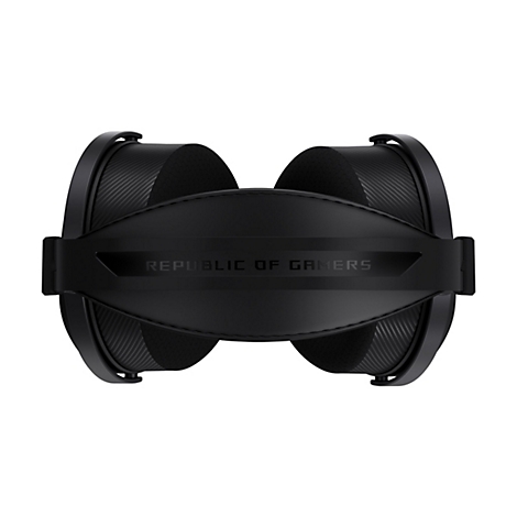 Schwarzes Gaming-Headset, Ansicht von oben mit 'Republic of Gamers'-Schriftzug auf dem Kopfbügel.