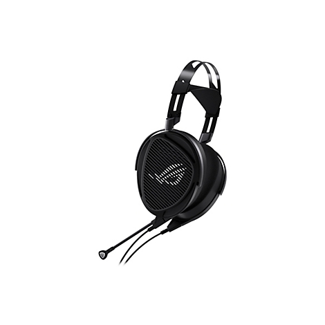 Schwarzes ROG Gaming-Headset mit offener Ohrmuschel-Struktur und abnehmbarem Mikrofon vor weißem Hintergrund.