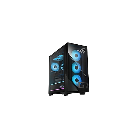 Schwarzer PC-Tower mit Glasfront. Drei blaue Lüfter leuchten durch, das ROG-Logo und G7-Schriftzug sind sichtbar.
