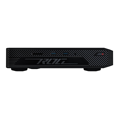 Schwarzer Mini-PC mit Rillenmuster, ROG-Logo und roter Power-LED.