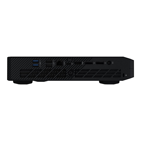 Schwarzer Mini-PC im Detail, mit USB-Anschlüssen, HDMI und DP-Ports.