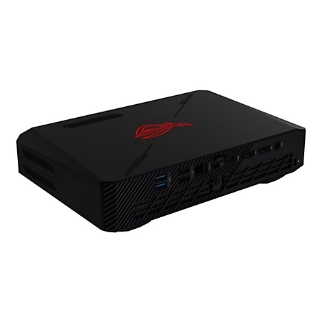 Schwarzer Mini-PC mit rotem ROG-Logo und Schriftzug.