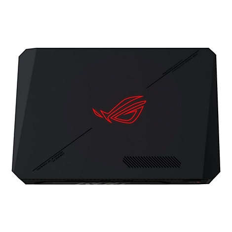 Schwarzer PC mit rotem Logo und Schriftzug. Text: For those who dare.