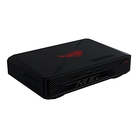 Schwarzer Mini-PC. Auf der Oberseite ein rotes ROG-Logo, darunter die Schrift ROG. Auf der Vorderseite Anschlüsse und Schriftzug ROG.