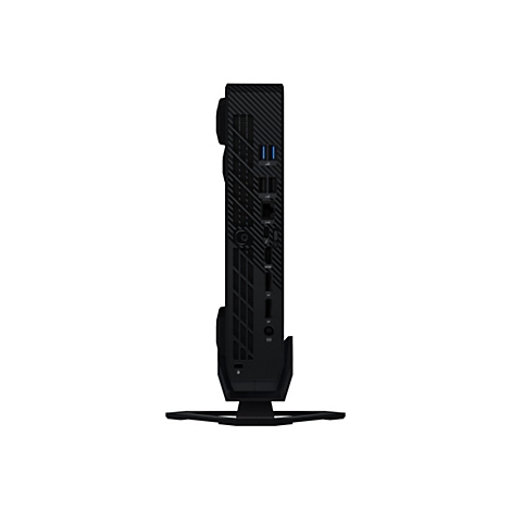Ein schwarzer PC-Tower steht auf einem Standfuß. Auf der Seite befinden sich Anschlüsse wie USB, HDMI und DisplayPort.