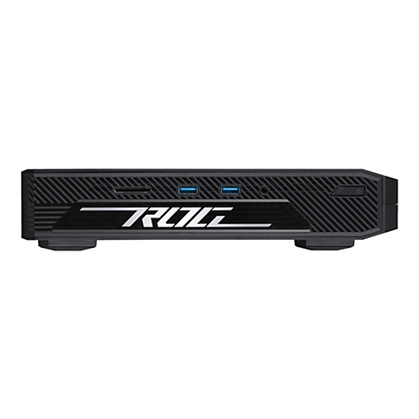 Schwarzer PC mit weißem Logo 'ROG', Frontansicht. USB-Anschlüsse und Power-Knopf.
