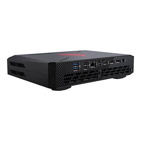 Schwarzer PC mit rotem Logo. An der Front USB-Ports und Lüftungsschlitze, auf dem Deckel ein rotes Logo.