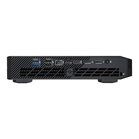 Schwarzer Mini-PC, Rückseite, mit Anschlüssen: USB, LAN, HDMI, DisplayPort.