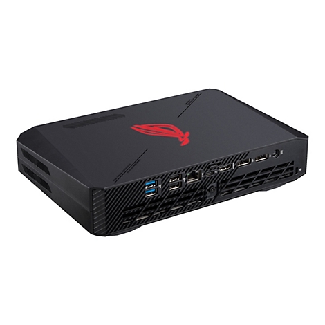 Schwarzer Mini-PC mit rotem Logo und Anschlüssen. Aufschrift: Republic of Gamers.