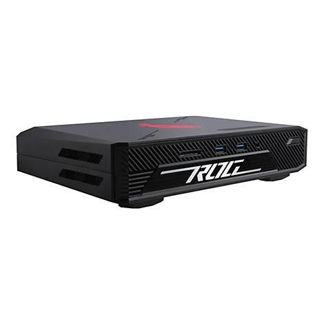 Schwarzer Gaming-PC mit ROG-Logo. Auf der Oberseite ist ein rotes Logo abgebildet. Die Front zeigt den ROG-Schriftzug.