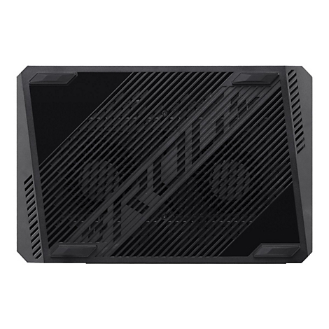 Draufsicht auf einen schwarzen Gaming-Laptop mit Lüftungsschlitzen. Vier Gummifüße halten den Laptop vom Untergrund fern.