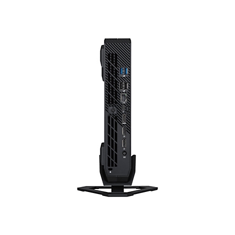Schwarzer Mini-PC im Profil, mit Anschlüssen wie USB, HDMI und DP. Er steht auf einem passenden Ständer.