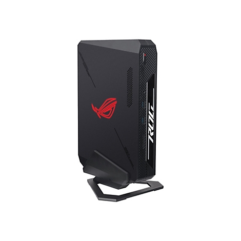 Schwarzer Gaming-PC-Tower mit roten Akzenten und ROG-Logo.