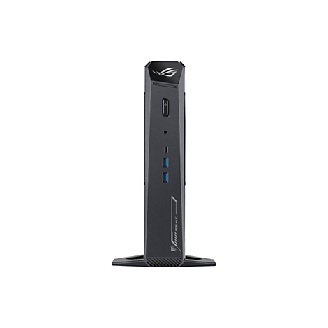 Dunkelgrauer ROG NUC Computer. Auf der Vorderseite: Ein-Aus-Schalter, USB-Anschlüsse. ROG-Logo oben.