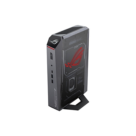 Ein grauer ROG NUC Mini-PC in kantigem Design, mit roten Akzenten und dem ROG-Logo.