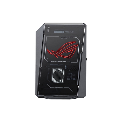 Schwarzes ROG NUC PC-Gehäuse, leuchtendes rotes ROG-Logo, „Republic of Gamers“ und „For Those Who Dare“ Schriftzüge.