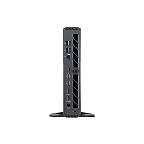 Grauer Mini-PC mit Anschlüssen, wie USB, HDMI und DP. Das Gerät steht auf einem Ständer vor weißem Hintergrund.