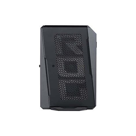 Schwarzes PC-Gehäuse mit Lochmuster und ROG-Logo.