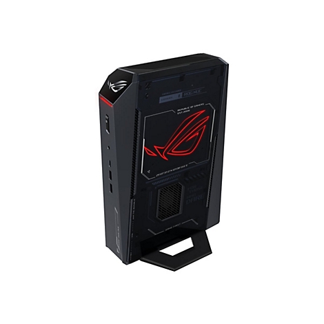 Schwarzer Gaming-PC ROG NUC mit leuchtend rotem Republic of Gamers Logo auf weißem Hintergrund.