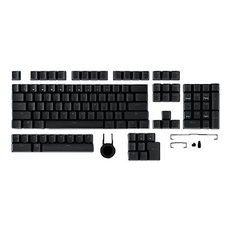 Schwarze mechanische Tastatur, zerlegt in Einzelteile, Tasten, Zubehör und Rahmen.