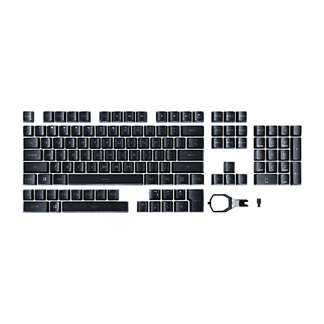 Ausgebreitete schwarze Tastenkappen eines ROG Gaming-Keyboards auf weißem Grund.