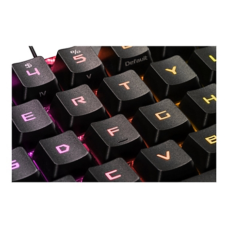 Nahaufnahme einer schwarzen Tastatur mit leuchtenden Buchstaben und Symbolen. Einige Tasten sind rosa, orange oder gelb beleuchtet.