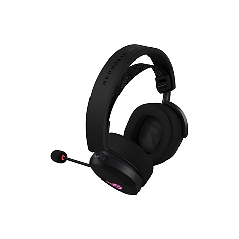 Schwarzes Gaming-Headset, das ROG-Logo leuchtet auf der Ohrmuschel, Mikrofon mit roter Spitze.