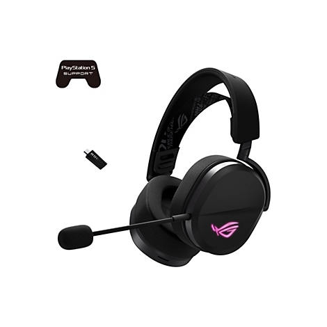 Schwarzes Gaming-Headset mit Mikrofon und PlayStation 5 Logo. Auf weißem Hintergrund.