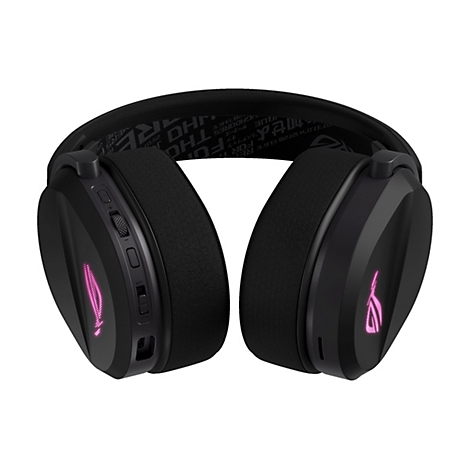 Schwarzes Gaming-Headset, ROG-Logo leuchtet pink. Auf der Innenseite des Bügels steht Text.
