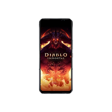 Smartphone mit Diablo Immortal-Spiel-Artwork. Im Hintergrund ein Feuer-Höllen-Motiv.