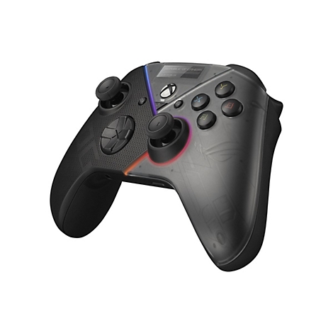Schwarzer Gamecontroller mit durchsichtigen Elementen. ROG-Logo und Xbox-Taste erkennbar, sowie beleuchtete Details.