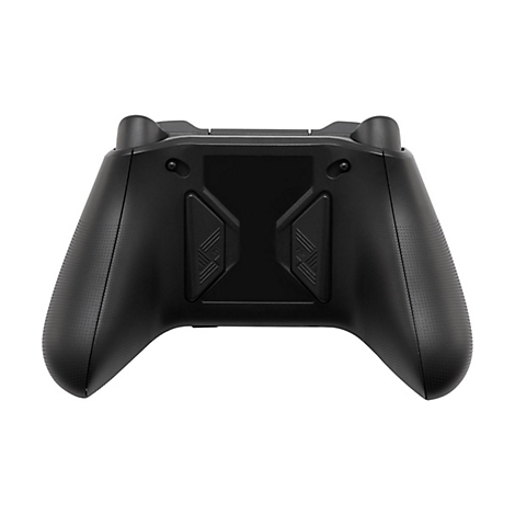 Schwarzer Gamecontroller von hinten, Details der Oberfläche und Knöpfe sichtbar.